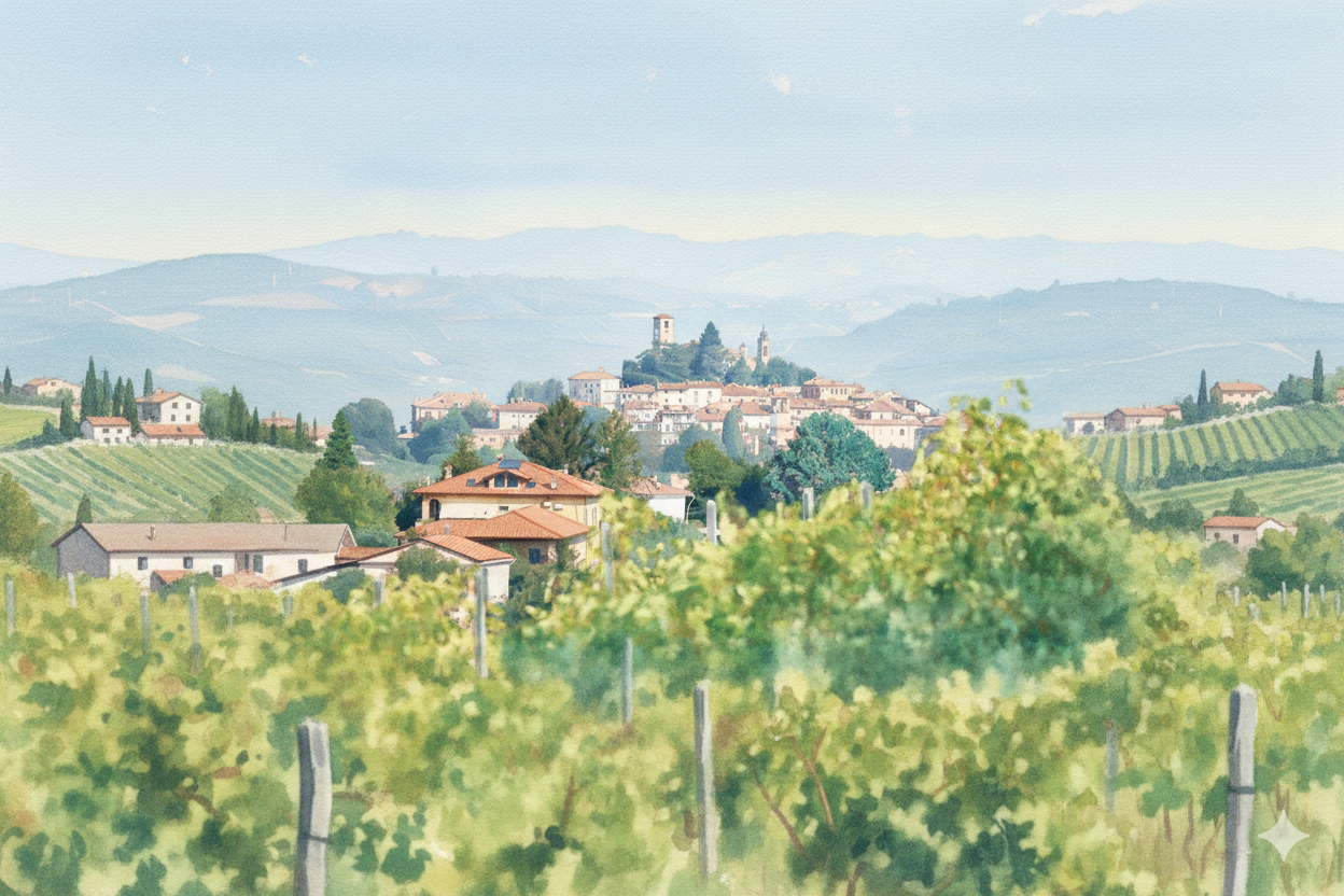 Watercolor painting of an Italian hillside village with vineyards
